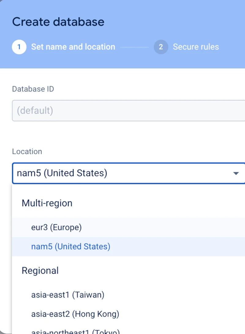 Firebase.google.com Choose nam5