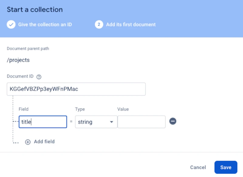 firebase.google.com Collection title Field
