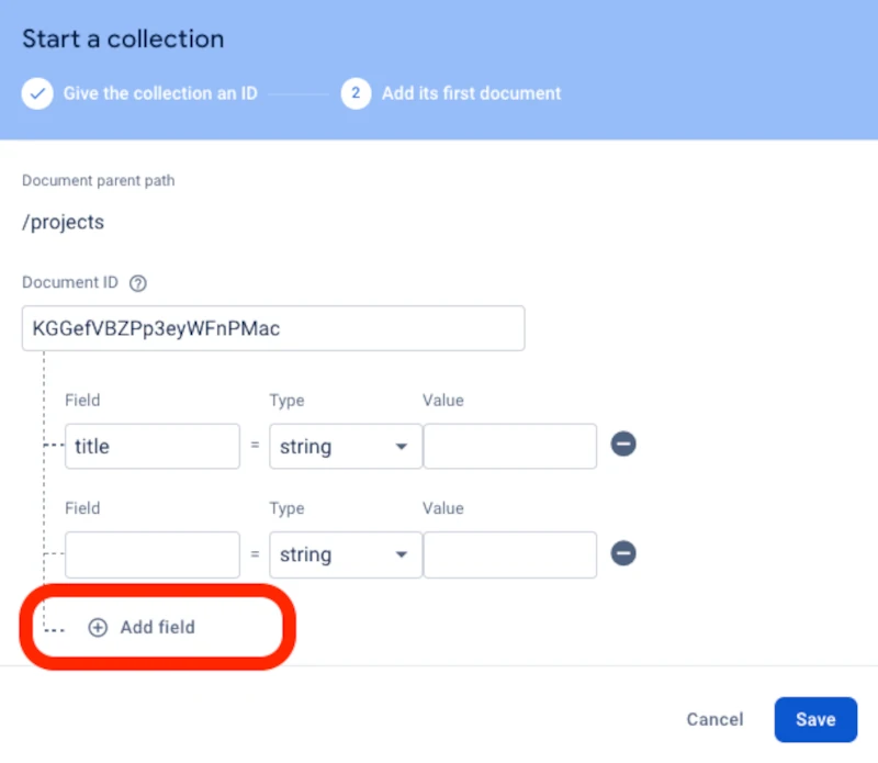 firebase.google.com Collection Add Field
