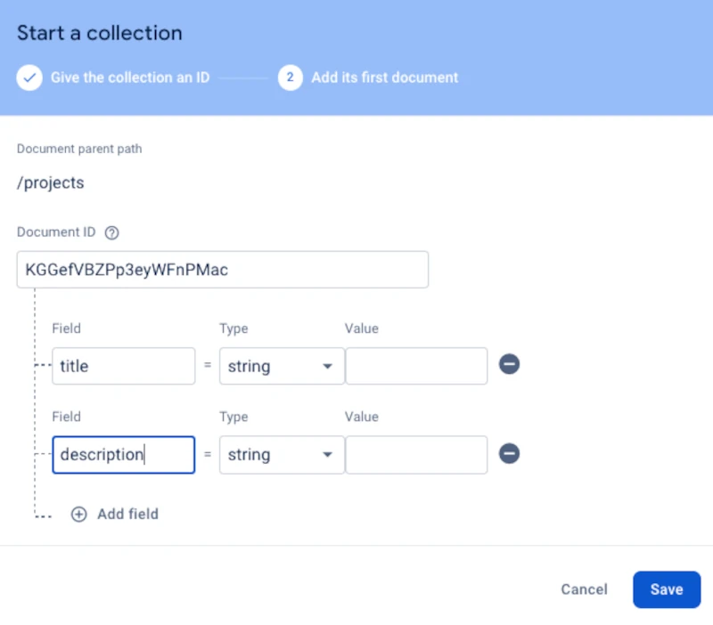 firebase.google.com Collection description Field