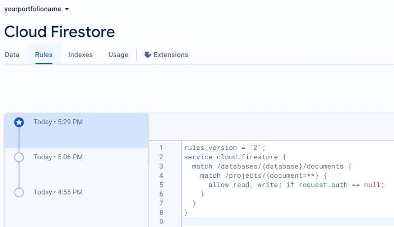 firebase.google.com Firestore DB Config